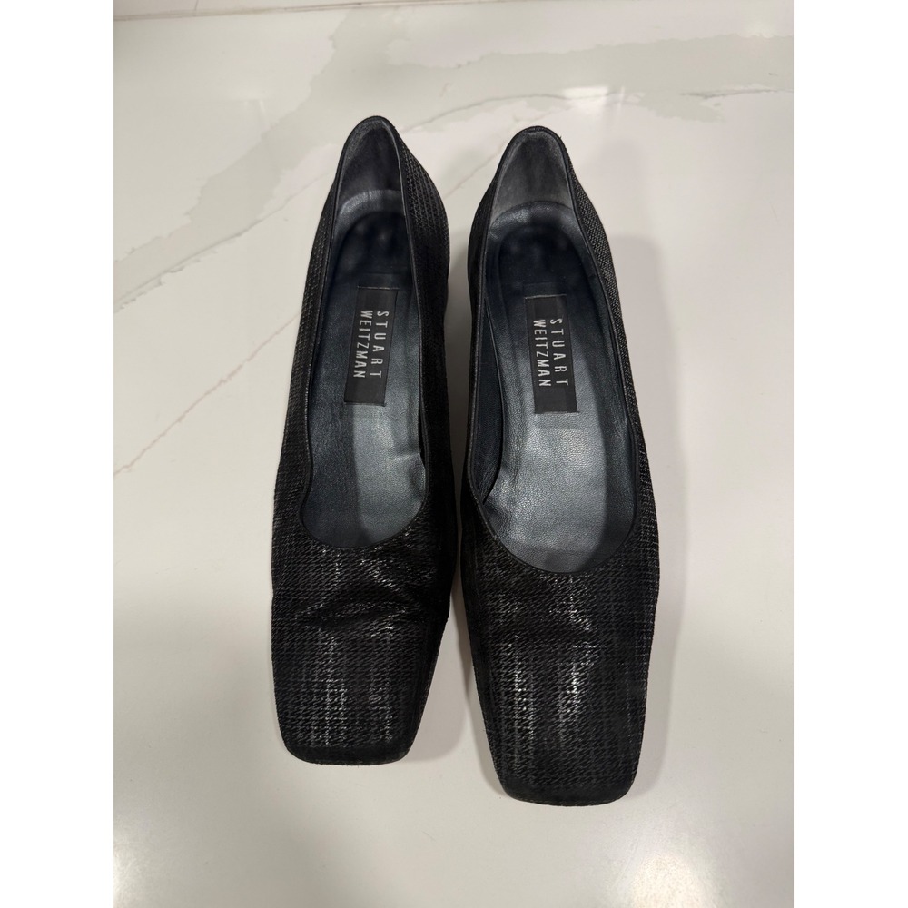 Stuart Weitzman Black Textured Square Toe Block Heel Pumps 8.5B 4W 67060 Spain